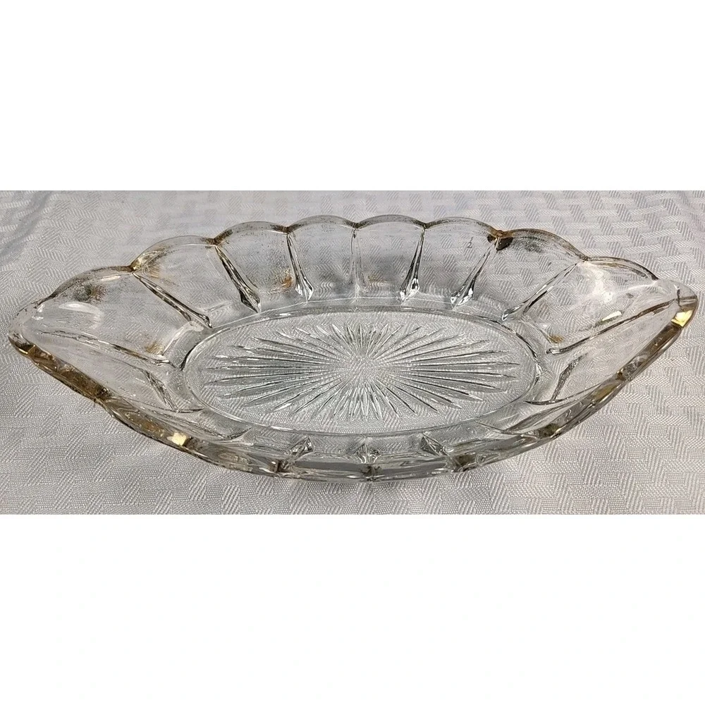 Vintage Pressed Glass Oval Relish Dish Scalloped Gold Brushed Rim Starburst Base